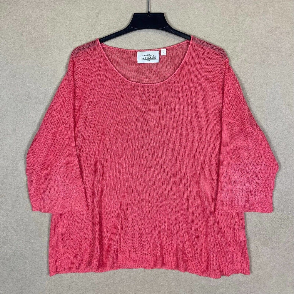 La Fixun Womens 0 Short‎ Sleeve 100% Linen Knit Top Pink Oversized Relaxed Fit